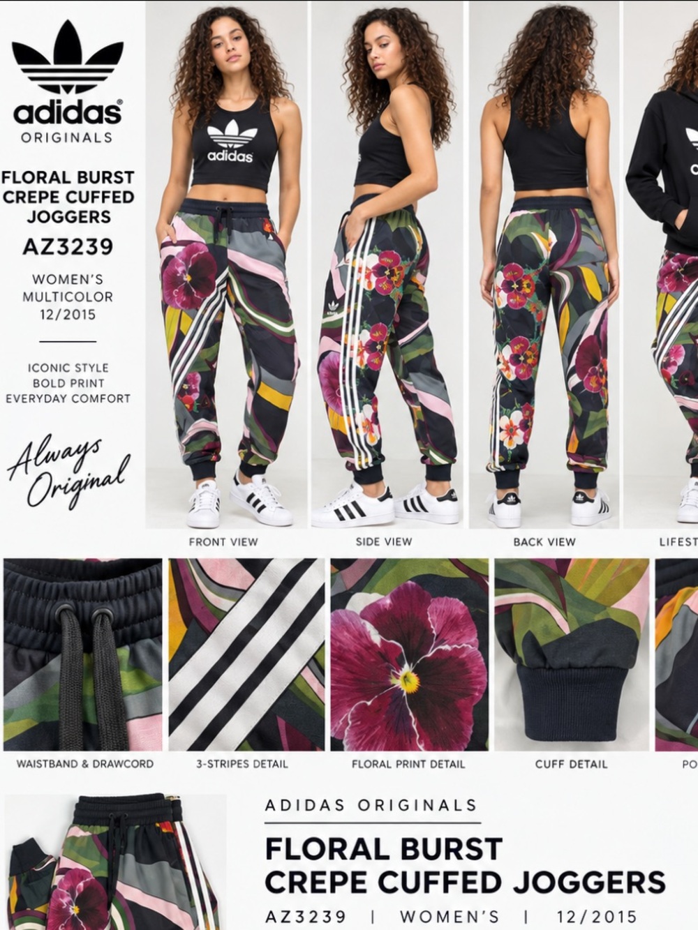 Adidas Originals Women's Floral Burst Crepe Cuffed Joggers semi sheer